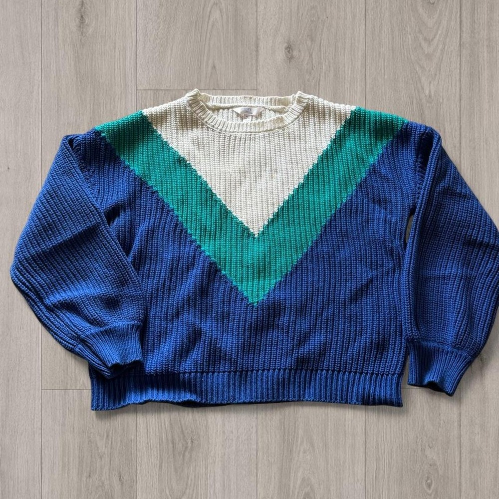 Time and Tru XL Chunky Knit Colorblock Chevron Sweater Blue Green Cream